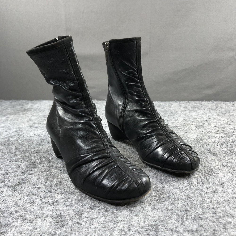 Taryn Rose Boots Womens 7.5 Black Leather Ruched Wedge Zip F753 Italy Comfort